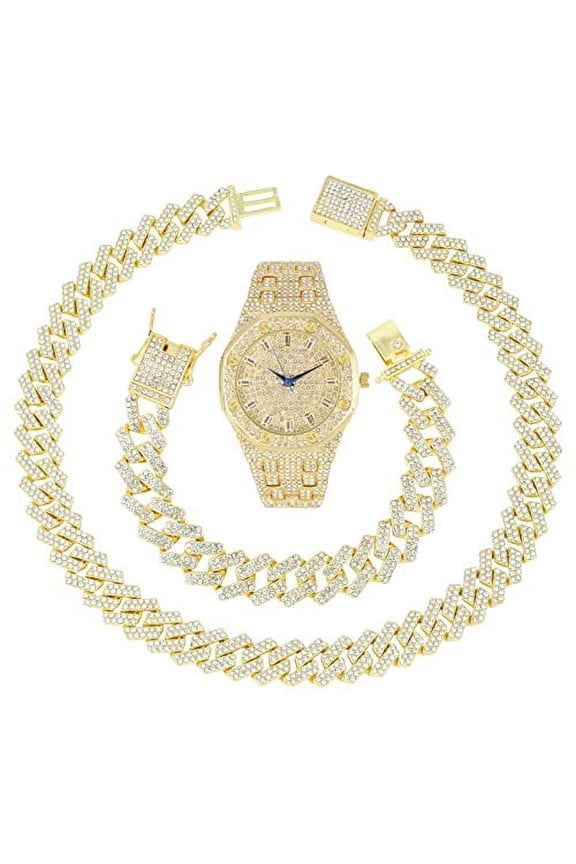 Minimalist Designer Iced Out Watch. A Hip Hop Clone Conspiracy Timepiece to Become a King of Bling ST10528A-GLD-ZZ Set