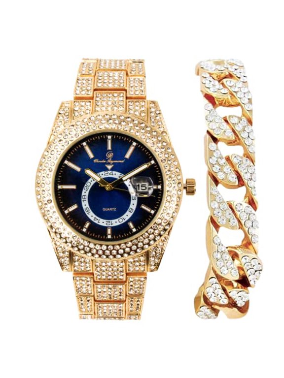 Minimalist Designer Iced Out Watch with Date Window on dial A Hip Hop Clone Conspiracy Timepiece to Become a King of Bling - ST10328A (ST10328A Gld-Blk-Blu-CB)
