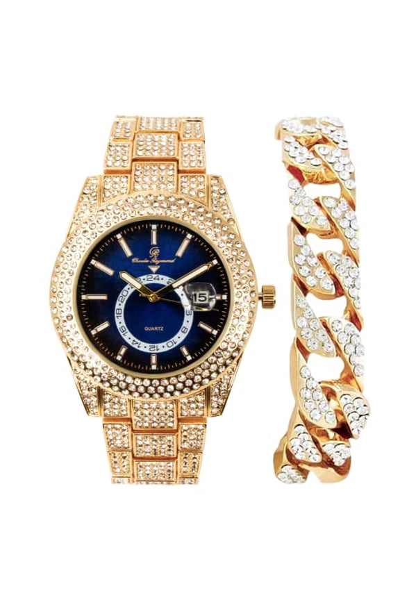 Minimalist Designer Iced Out Watch with Date Window on dial A Hip Hop Clone Conspiracy Timepiece to Become a King of Bling - ST10328A (ST10328A Gld-Blk-Blu-CB)