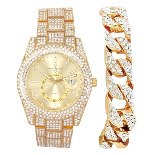 Charles Raymond Minimalist Designer Iced Out Watch with Date Window on dial A Hip Hop Clone Conspiracy Timepiece to Become a King of Bling - ST10328A (ST10328A Gld-Gld-CB)