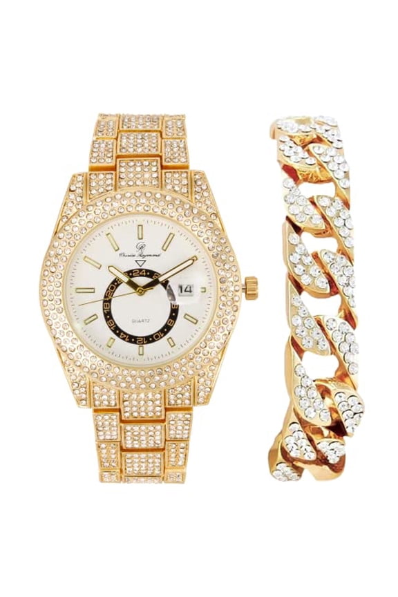Minimalist Designer Iced Out Watch with Date Window on dial A Hip Hop Clone Conspiracy Timepiece to Become a King of Bling - ST10328A (ST10328A Gld-White-CB)