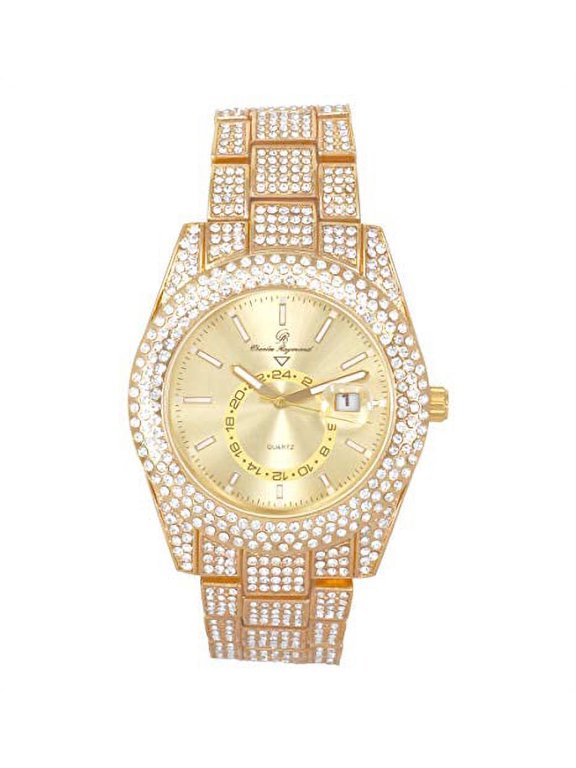 Minimalist Designer Iced Out Watch with Date Window on dial A Hip Hop Clone Conspiracy Timepiece to Become a King of Bling - ST10328A (ST10328A Gold-Gold)