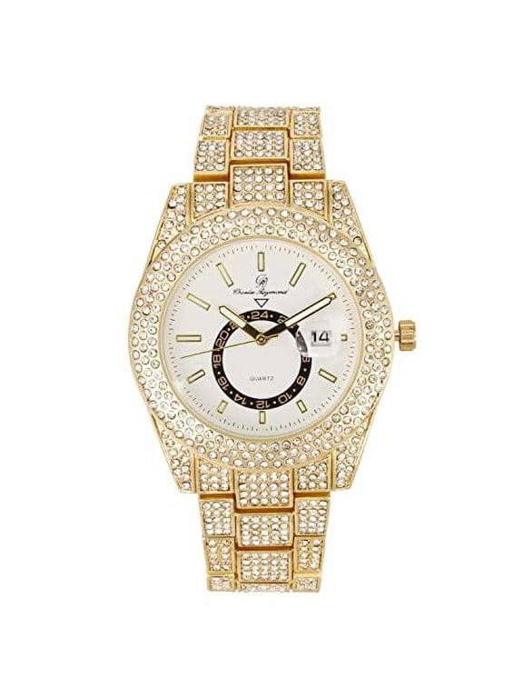 Minimalist Designer Iced Out Watch with Date Window on dial A Hip Hop Clone Conspiracy Timepiece to Become a King of Bling - ST10328A (ST10328A Gold- White)
