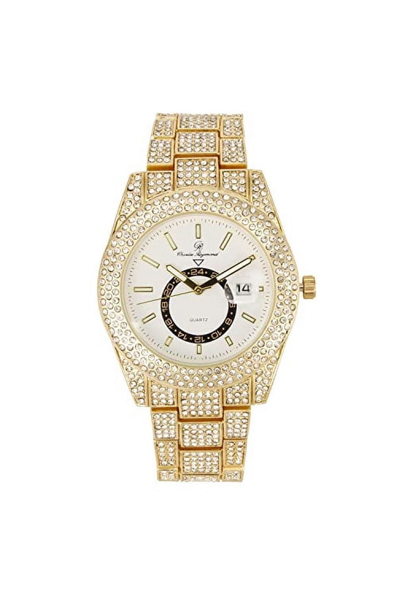 Minimalist Designer Iced Out Watch with Date Window on dial A Hip Hop Clone Conspiracy Timepiece to Become a King of Bling - ST10328A (ST10328A Gold- White)