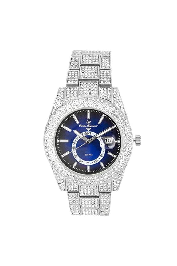 Minimalist Designer Iced Out Watch with Date Window on dial A Hip Hop Clone Conspiracy Timepiece to Become a King of Bling - ST10328A (ST10328A Silver- Black- Blue)