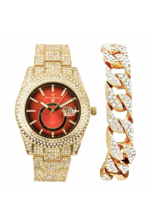 Minimalist Designer Iced Out Watch with Date Window on dial A Hip Hop Clone Conspiracy Timepiece to Become a King of Bling - ST10328A (ST10328A Gld-Blk-Red-CB)