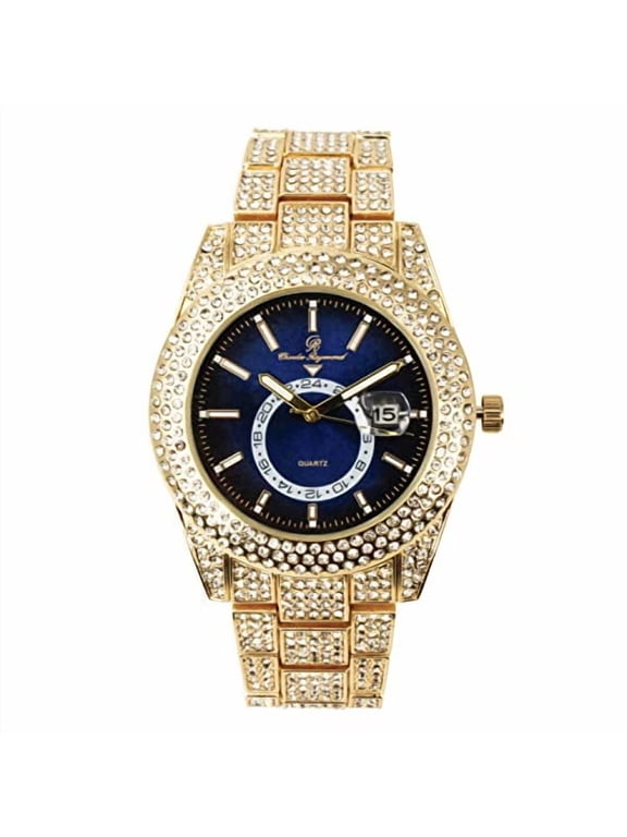 Minimalist Designer Iced Out Watch with Date Window on dial A Hip Hop Clone Conspiracy Timepiece to Become a King of Bling - ST10328A (ST10328A Gold- Black- Blue)