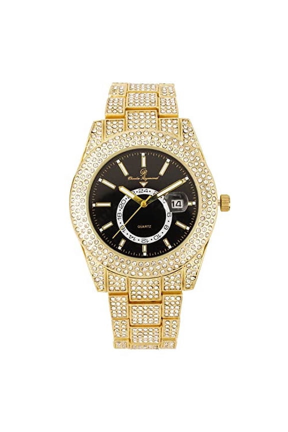 Minimalist Designer Iced Out Watch with Date Window on dial A Hip Hop Clone Conspiracy Timepiece to Become a King of Bling - ST10328A (ST10328A Gold- Black)