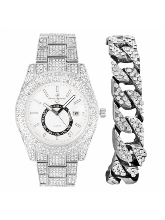 Minimalist Designer Iced Out Watch with Date Window on dial A Hip Hop Clone Conspiracy Timepiece to Become a King of Bling - ST10328A (ST10328A SLV-White-CB)