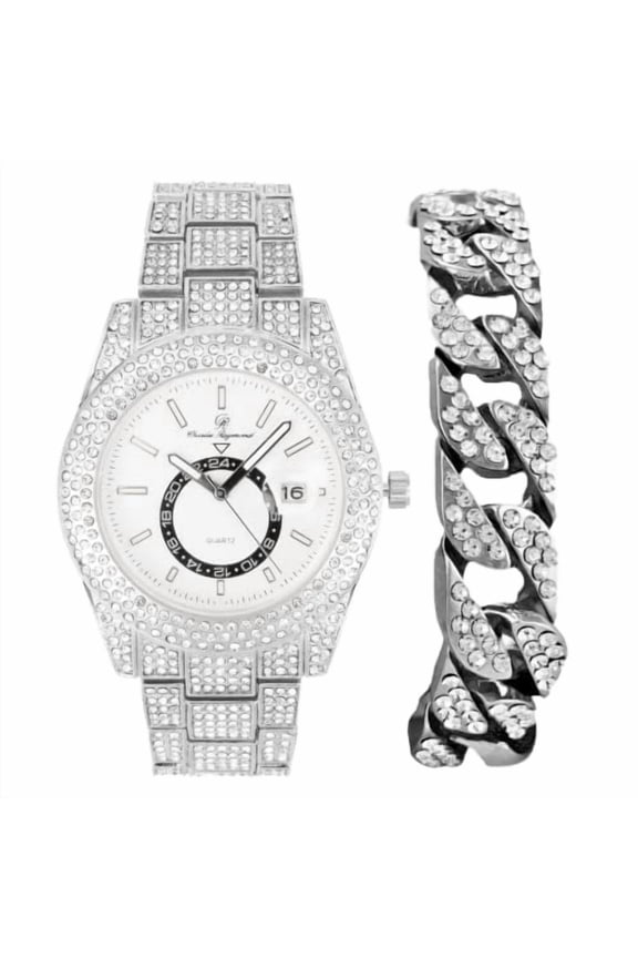 Minimalist Designer Iced Out Watch with Date Window on dial A Hip Hop Clone Conspiracy Timepiece to Become a King of Bling - ST10328A (ST10328A SLV-White-CB)