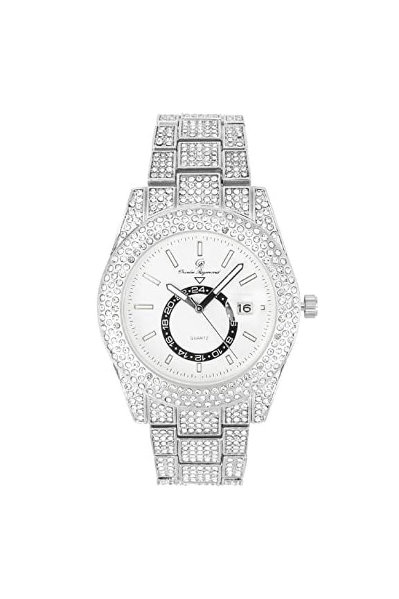 Minimalist Designer Iced Out Watch with Date Window on dial A Hip Hop Clone Conspiracy Timepiece to Become a King of Bling - ST10328A (ST10328A Silver- White)