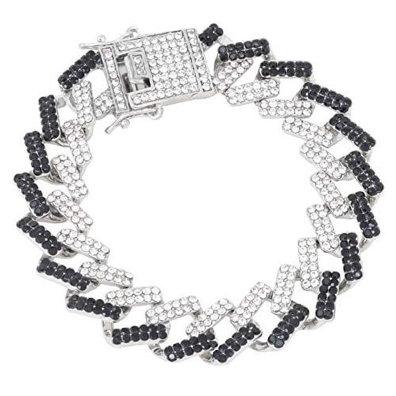 Charles Raymond New Cuban Zig Zag Bling'ed Out ZZ Links w/ 3 Row Diamonds on Each Side Hip Hop Living Color Bracelet - ZZ001B - Blk/Slv