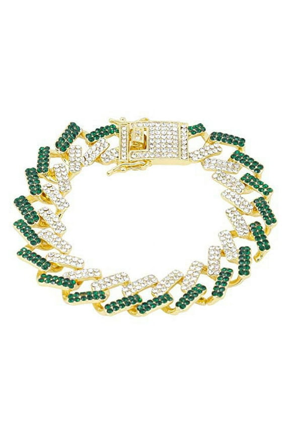 New Cuban Zig Zag Bling'ed Out ZZ Links w/ 3 Row Diamonds on Each Side Hip Hop Living Color Bracelet - ZZ001B - Grn/Gld