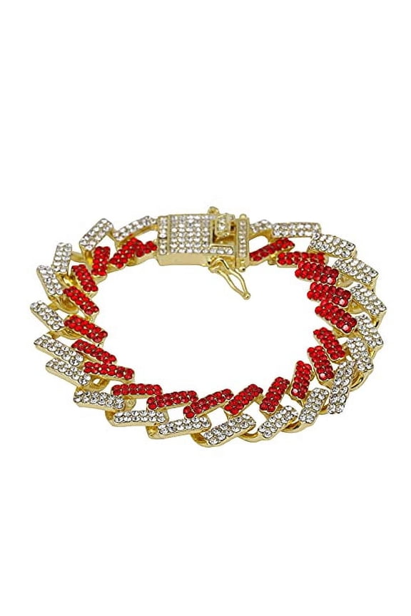 New Cuban Zig Zag Bling'ed Out ZZ Links w/ 3 Row Diamonds on Each Side Hip Hop Living Color Bracelet - ZZ001B - Red/Gld