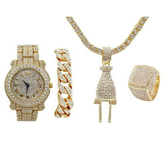 Charles Raymond Plug Hip Hop Pendant - Iced Look Luxury Wristwatch Covered with Crystal Clear Rhinestones - Iced out Cuban Bracelet and Blinged out Ring Gift Set - (8, Gold)