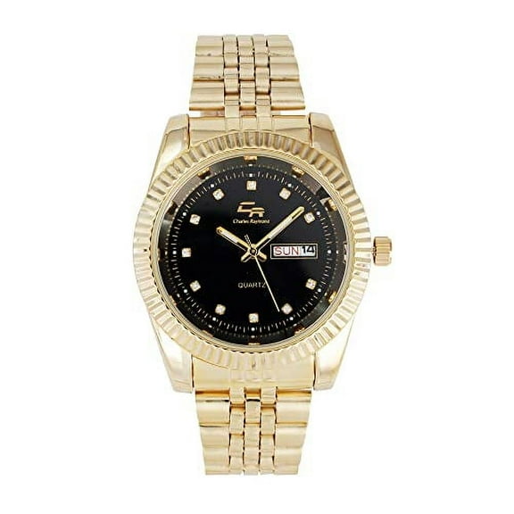 Charles Raymond Rolly Look Bling'ed Out to Shoot for The Stars Dial - Designed for Kings w/Hard Hitter Big Demeanors! Stand Out w/This Diamond Iced Dial Timepiece - ST10355 (0808-GLd-Blk)