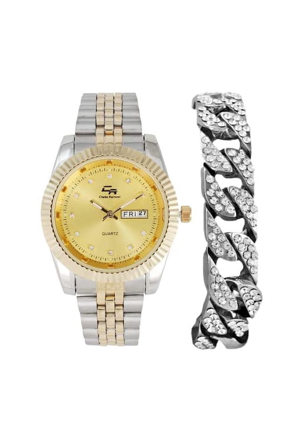 Rolly Look Bling'ed Out to Shoot for The Stars Dial - Designed for Kings w/Hard Hitter Big Demeanors! Stand Out w/This Diamond Iced Dial Timepiece - ST10355 (0808-TT-SLV-GLd-C)