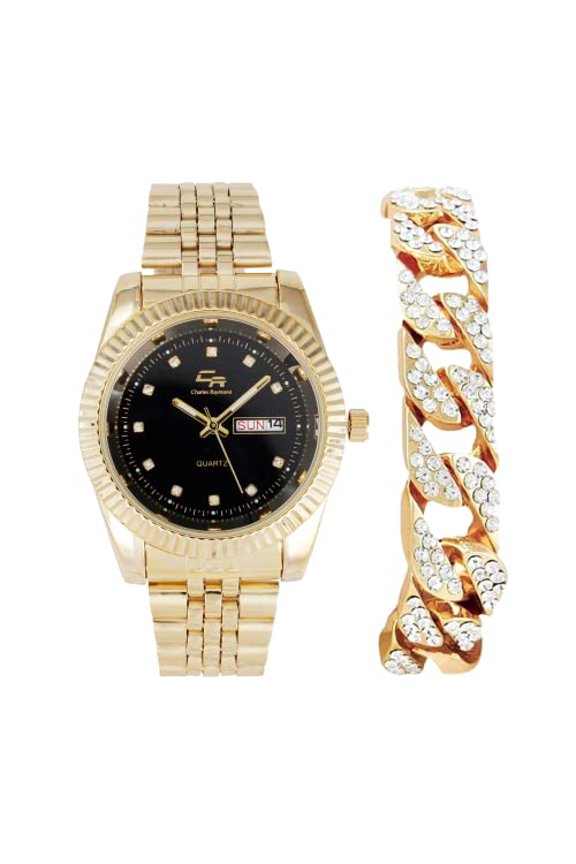 Rolly Look Bling'ed Out to Shoot for The Stars Dial - Designed for Kings w/Hard Hitter Big Demeanors! Stand Out w/This Diamond Iced Dial Timepiece - ST10355 (0808-GLd-Blk-C)