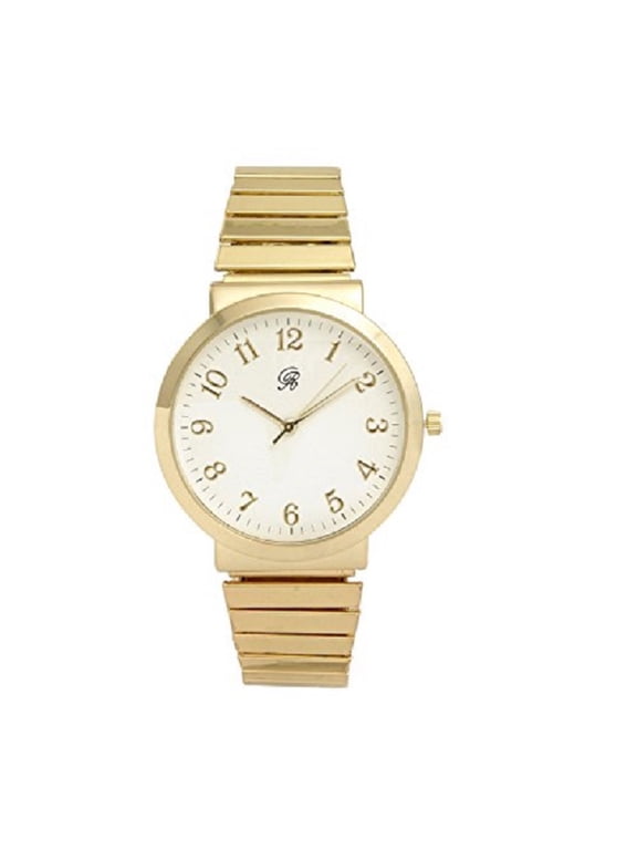 Unisex Gold 8" Stretch Band Classic, Easy Reader Watch with Clear Gold Arabic Numbers on Dial, Medium Size Face - 8197 STRETCH