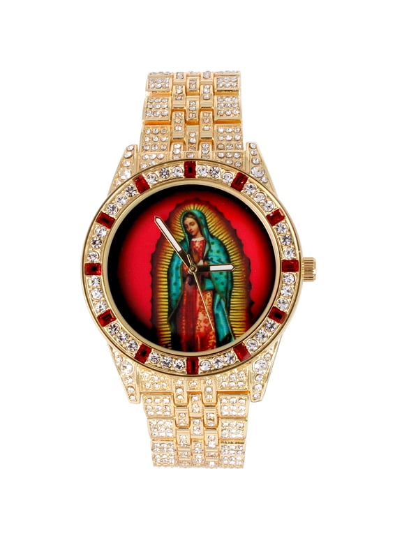 The Virgin of Guadalupe Blessed Dial - Mens Hip Hop Metal Blinged Out Iced Out Wristwatch - Blood Red Baguettes and Clear Rhinestones on Trim - ST10226 BGS Single (Gold ST10361B)