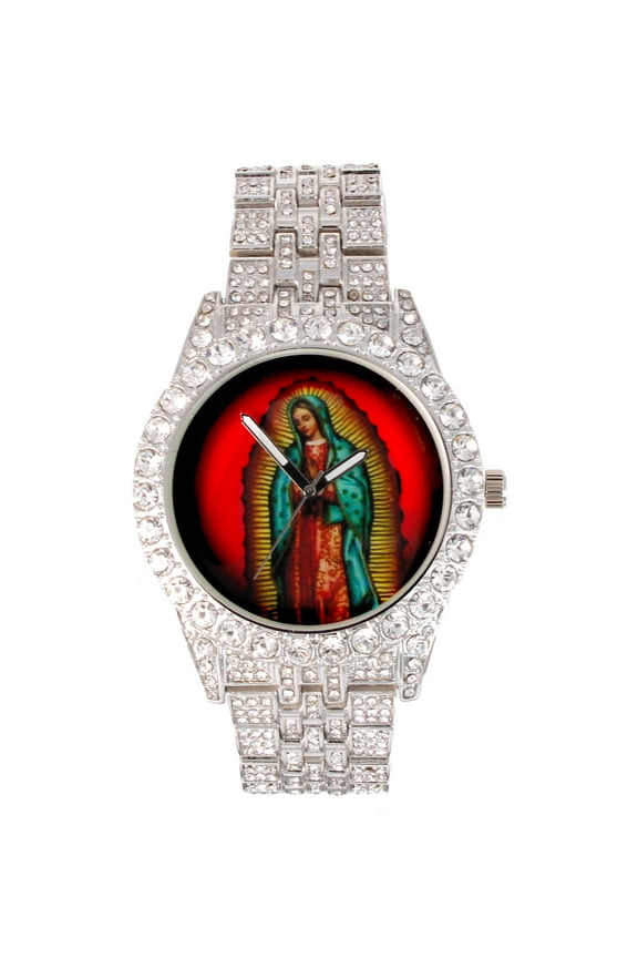 The Virgin of Guadalupe Blessed Dial - Mens Hip Hop Metal Iced Out Wristwatch - Blinged Out Big Rhinestones on Trim - ST10226 BGS Single (Silver ST10361A)