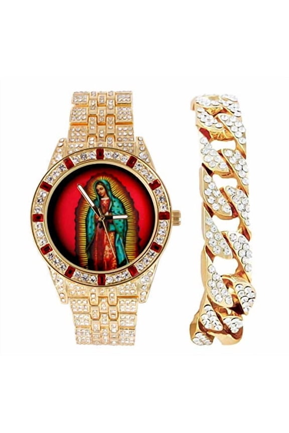 The Virgin of Guadalupe Blessed Dial - Mens Hip Hop Metal Timepiece - Blood Red Baguettes and Clear Rhinestones on Trim w/Iced Cuban Bracelet - (ST10361BC Gold)