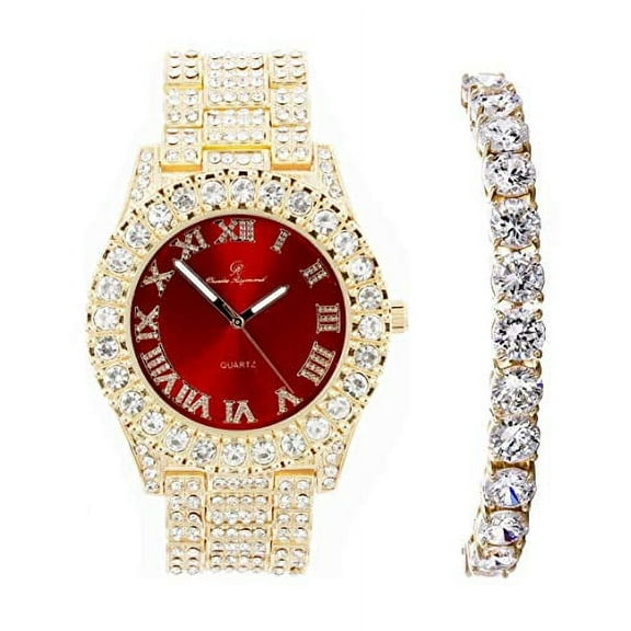 Charles Raymond Women's Big Rocks Bezel Blinged Out Colored Dial with Roman Numerals Fully Iced Out Wristwatch and Matching Beautiful Sparkling Tennis Bracelet Set - ST10327LA (TLA Gold - Blood Red)