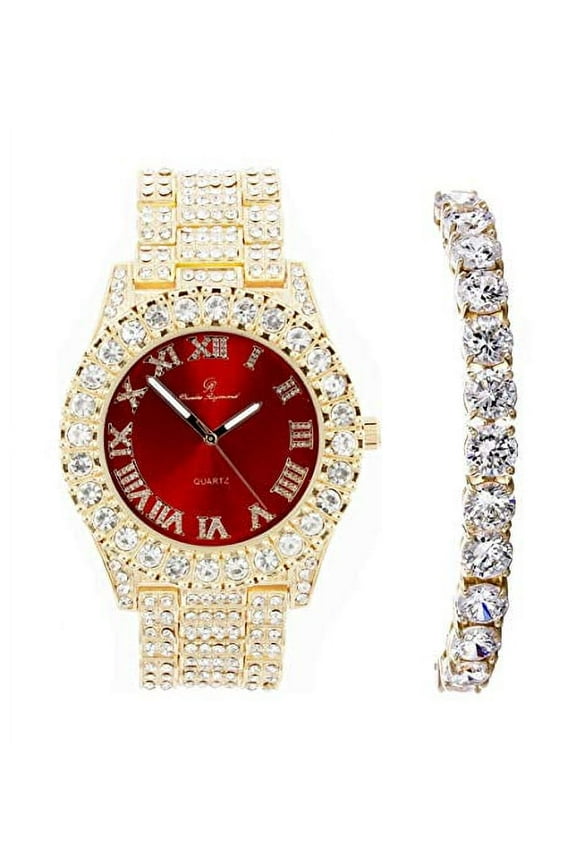 Women's Big Rocks Bezel Blinged Out Colored Dial with Roman Numerals Fully Iced Out Wristwatch and Matching Beautiful Sparkling Tennis Bracelet Set - ST10327LA (TLA Gold - Blood Red)