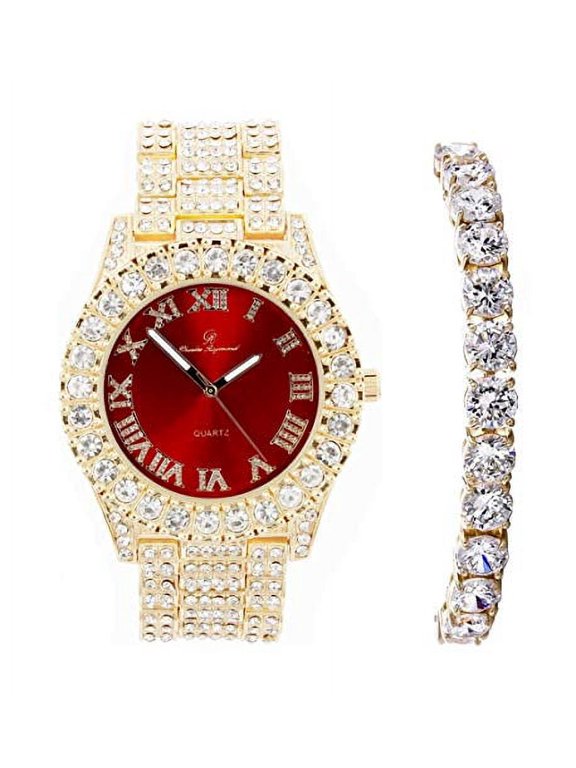 Women's Big Rocks Bezel Blinged Out Colored Dial with Roman Numerals Fully Iced Out Wristwatch and Matching Beautiful Sparkling Tennis Bracelet Set - ST10327LA (TLA Gold - Blood Red)