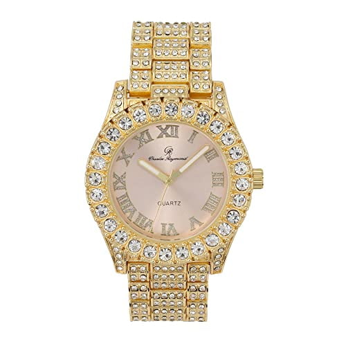 Charles Raymond Women's Big Rocks Bezel Colored Dial with Roman Numerals Fully Iced Out Watch - ST10327LA (Gold - Blush)