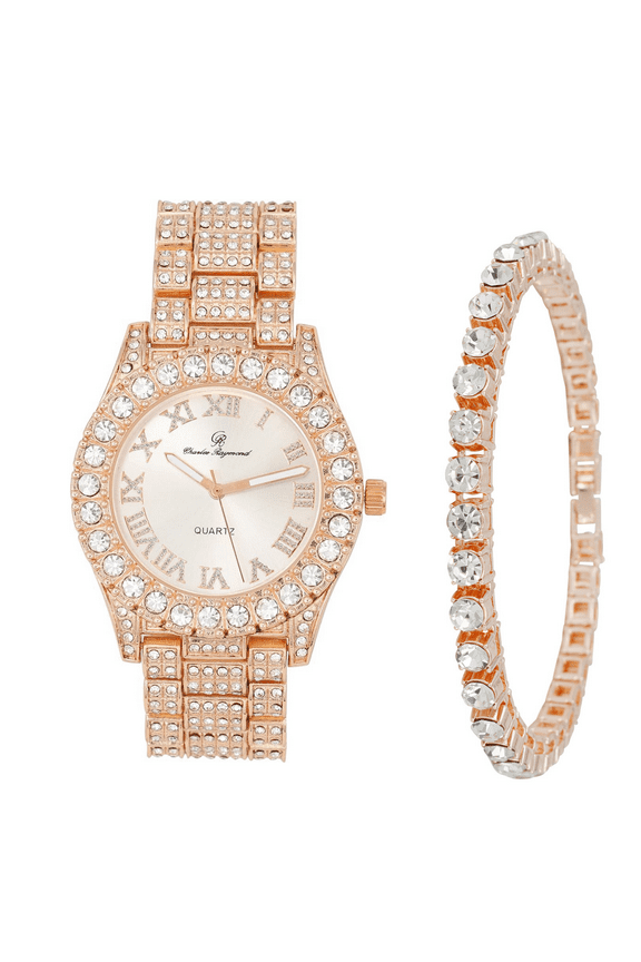 Women's Big Rocks Bezel Colored Dial with Roman Numerals Fully Iced Out Watch - ST10327LA (Rose Gold - TB)