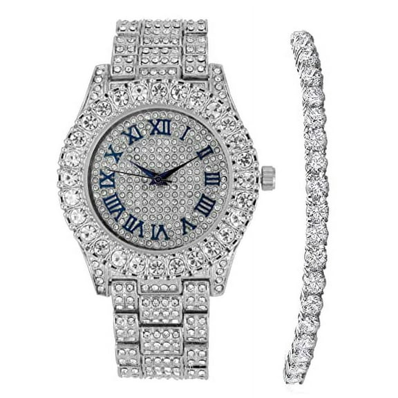 Charles Raymond Women's Big Rocks Bezel Colored Dial with Roman Numerals Fully Iced Out Watch - ST10327LA (ST10327LA SLV Blue-RN w/TB)