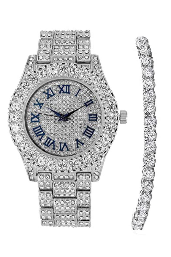 Women's Big Rocks Bezel Colored Dial with Roman Numerals Fully Iced Out Watch - ST10327LA (ST10327LA SLV Blue-RN w/TB)