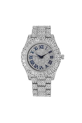 Women's Big Rocks Bezel Colored Dial with Roman Numerals Fully Iced Out Watch - ST10327LA (ST10327LA SLV Blue-RN)