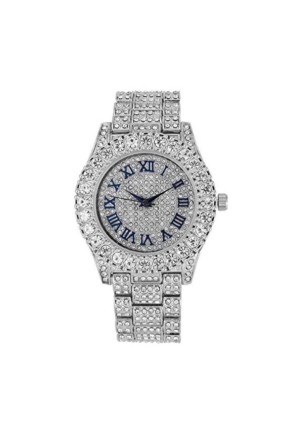 Women's Big Rocks Bezel Colored Dial with Roman Numerals Fully Iced Out Watch - ST10327LA (ST10327LA SLV Blue-RN)