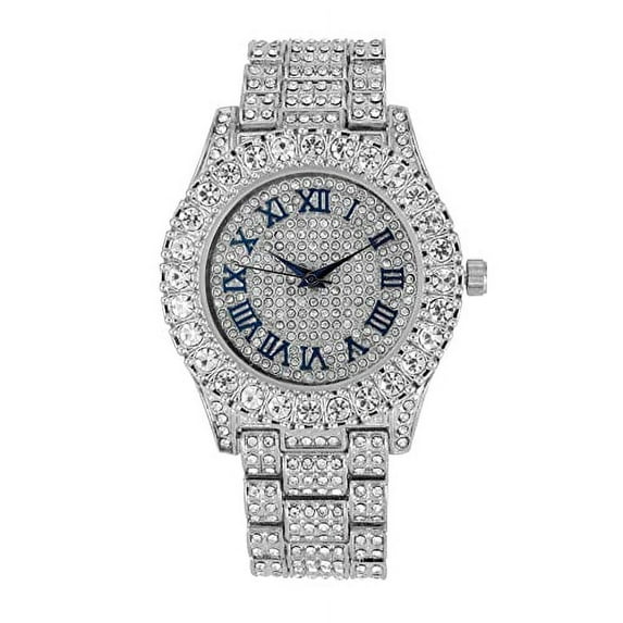 Charles Raymond Women's Big Rocks Bezel Colored Dial with Roman Numerals Fully Iced Out Watch - ST10327LA (ST10327LA SLV Blue-RN)