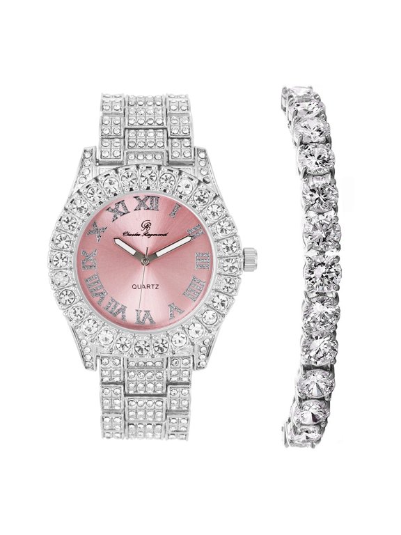 Women's Big Rocks Bezel Colored Dial with Roman Numerals Fully Iced Out Watch - ST10327LA (ST10327LA SLV Pink w/TB)