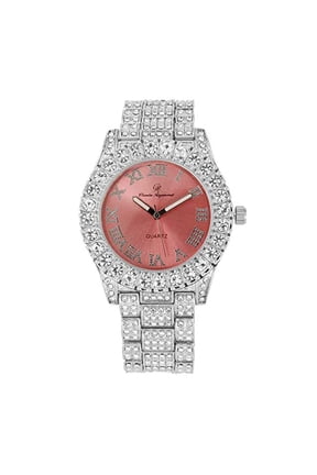 Women's Big Rocks Bezel Colored Dial with Roman Numerals Fully Iced Out Watch - ST10327LA (ST10327LA SLV Pink)