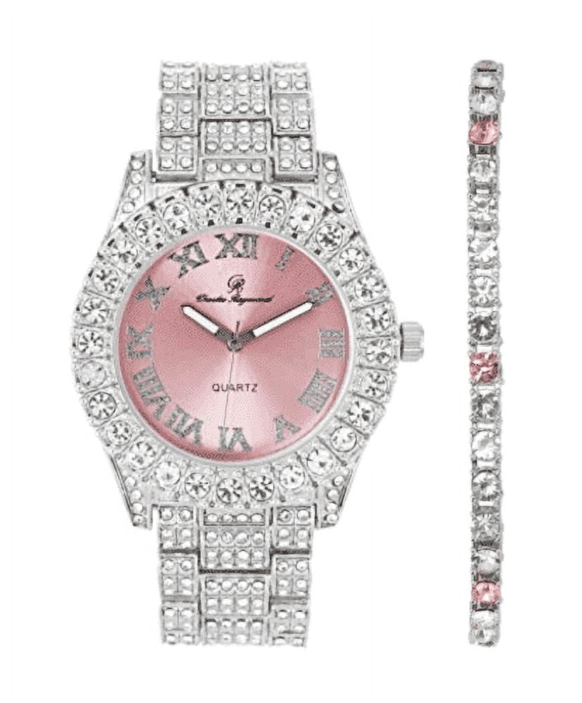 Charles Raymond Women's Big Rocks Bezel Colored Dial with Roman Numerals Fully Iced Out Watch - ST10327LA (ST10327LA SLV Pnk# - Pnk-TB)
