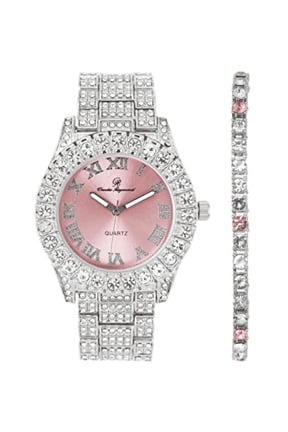 Women's Big Rocks Bezel Colored Dial with Roman Numerals Fully Iced Out Watch - ST10327LA (ST10327LA SLV Pnk# - Pnk-TB)