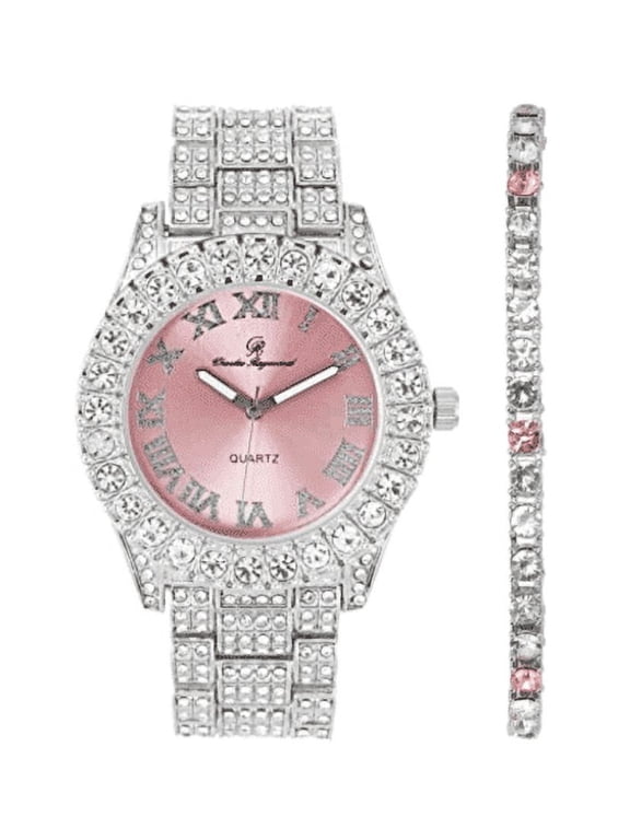Women's Big Rocks Bezel Colored Dial with Roman Numerals Fully Iced Out Watch - ST10327LA (ST10327LA SLV Pnk# - Pnk-TB)