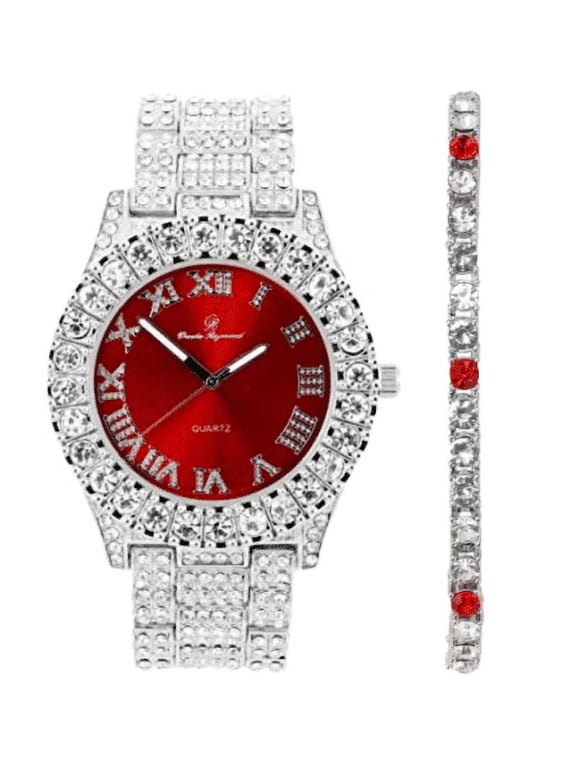 Women's Big Rocks Bezel Colored Dial with Roman Numerals Fully Iced Out Watch - ST10327LA (ST10327LA SLV Red - Red-TB)