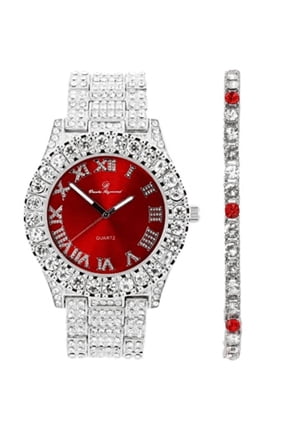 Women's Big Rocks Bezel Colored Dial with Roman Numerals Fully Iced Out Watch - ST10327LA (ST10327LA SLV Red - Red-TB)