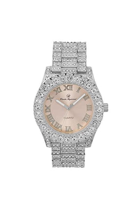 Women's Big Rocks Bezel Colored Dial with Roman Numerals Fully Iced Out Watch - ST10327LA (Silver - Blush)