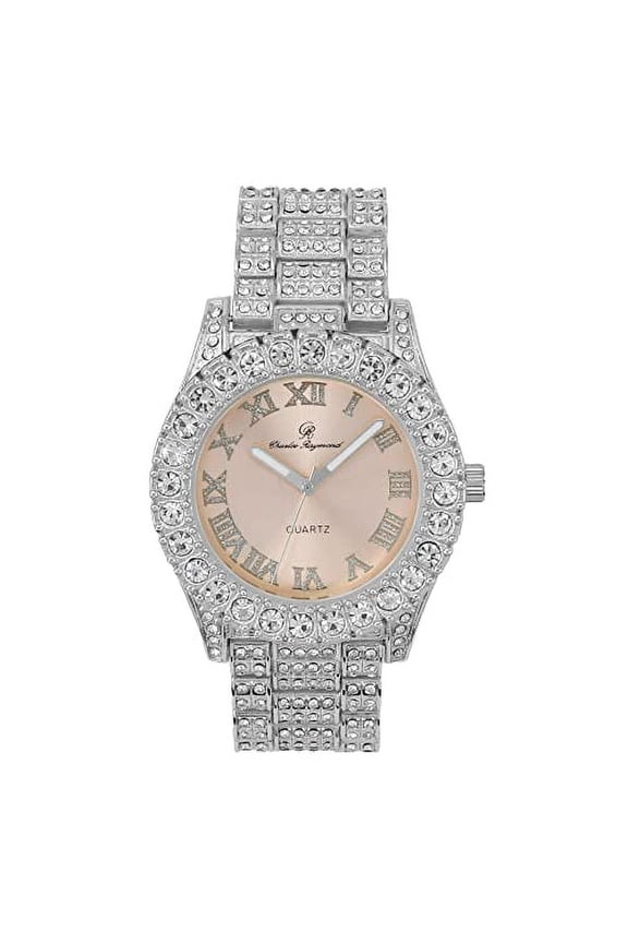 Women's Big Rocks Bezel Colored Dial with Roman Numerals Fully Iced Out Watch - ST10327LA (Silver - Blush)