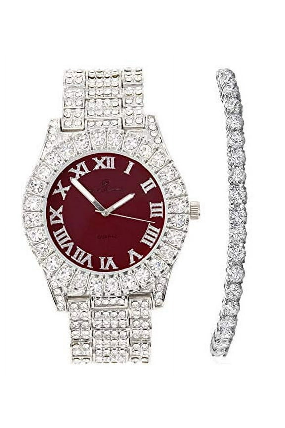 Women's Big Rocks Blinged Out Bezel Colored Dial with Roman Numerals Fully Iced Out Hip Hop Wristwatch and Sparkling Tennis Bracelet Set - ST10327LA (TLA Silver - Burgundy)