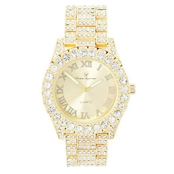 Charles Raymond Women's Big Rocks Blinged Out Dial with Roman Numerals Fully Iced Out Hip Hop Wristwatch - ST10327LA (Gold-Gold)