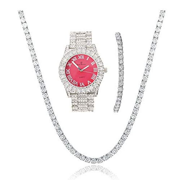 Charles Raymond Women's Big Rocks Colored Dial with Roman Numerals Fully Iced Out Watch and Blinged Out Sparkling Tennis Necklace & Bracelet Jewelry Set - ST10327LA 3pc Set (Silver Coral)