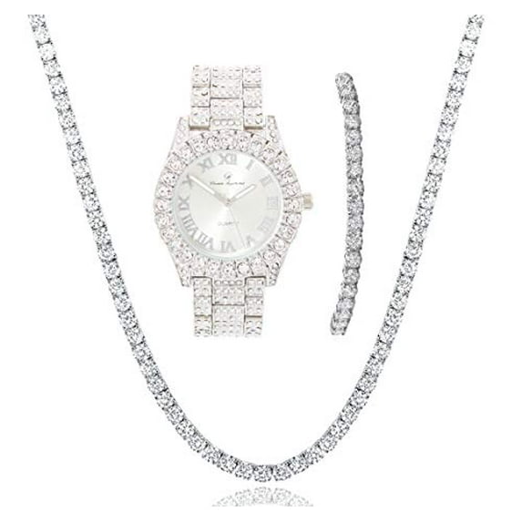 Charles Raymond Women's Big Rocks Colored Dial with Roman Numerals Fully Iced Out Wristwatch and Blinged Out Sparkling Tennis Necklace & Bracelet Jewelry Set - ST10327LA 3pc Set (Silver Silver)