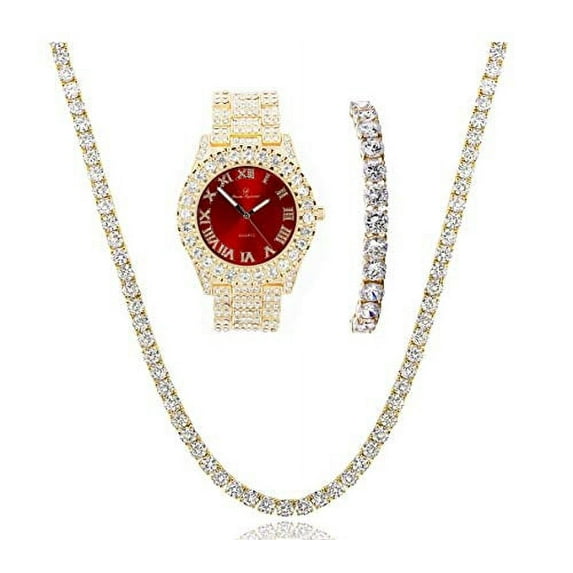 Charles Raymond Women's Big Rocks Colored Dial with Roman Numerals Fully Iced Out Wristwatch and Blinged Out Sparkling Tennis Necklace & Bracelet Jewelry Set - ST10327LA 3pc Set (Gold Blood Red)